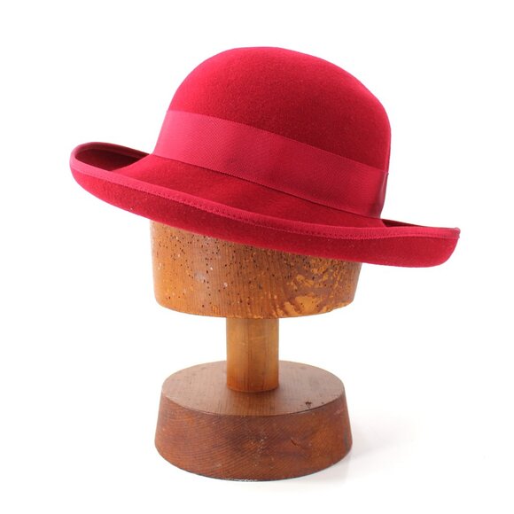 Laura Ashley Wide Brim Hat Magenta Wool Vintage Grosgrain Bow Great Britain 22.5 - Picture 5 of 14